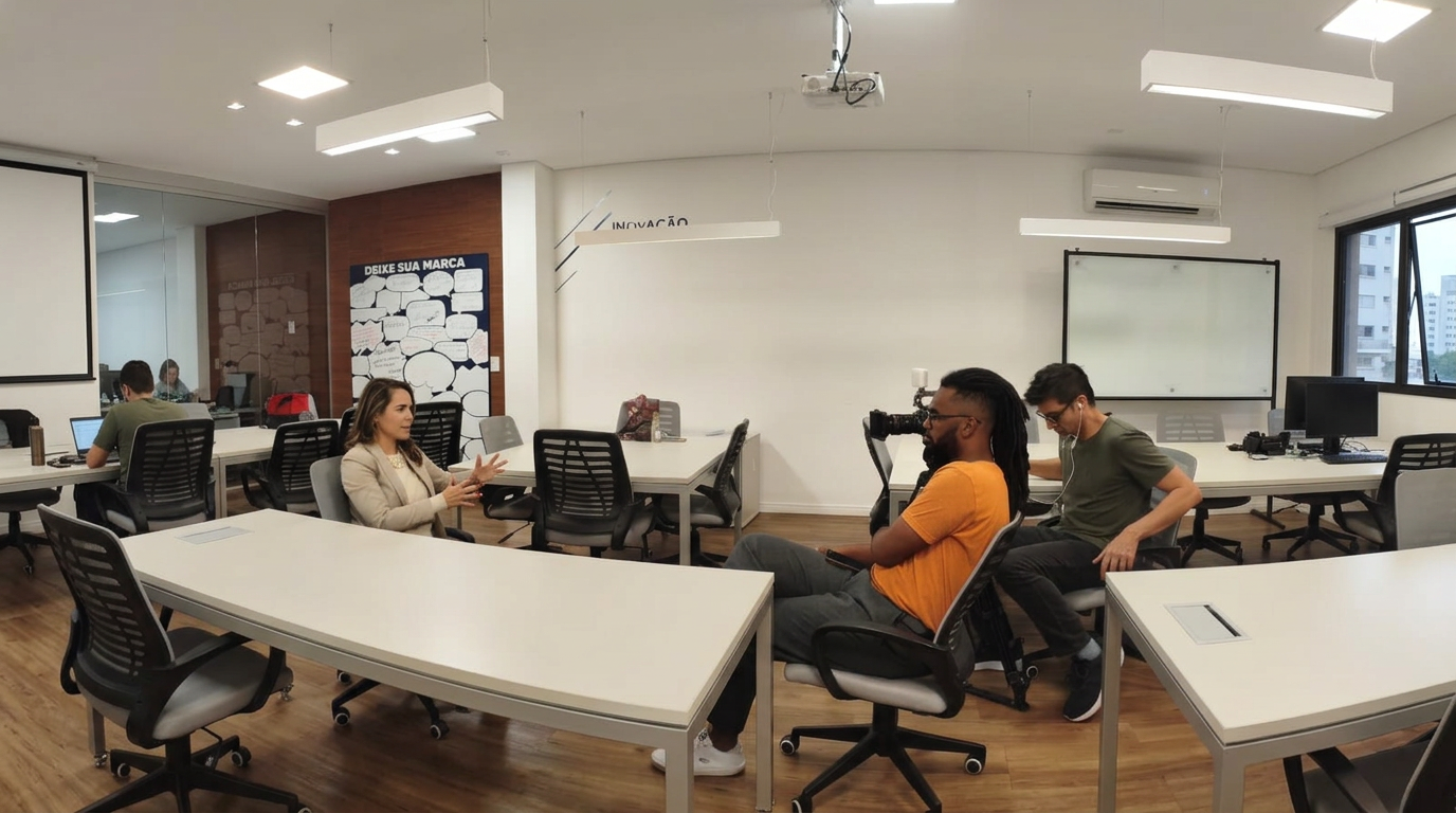 Entrevistada conversa com a equipe de produção durante a gravação da matéria sobre saúde no trabalho para a TV Inova SC
