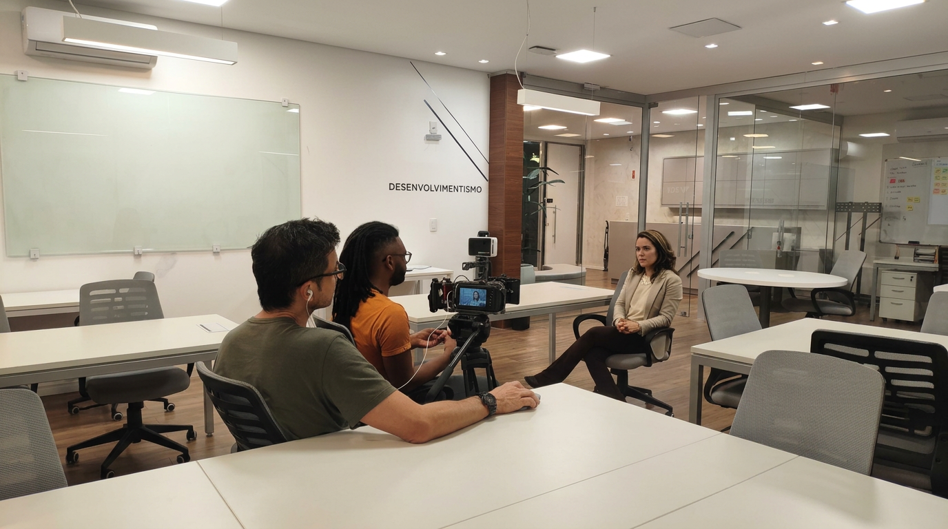 Gravação da entrevista da Alento para a TV Inova SC do Sebrae: equipe de filmagem e entrevistada no estúdio